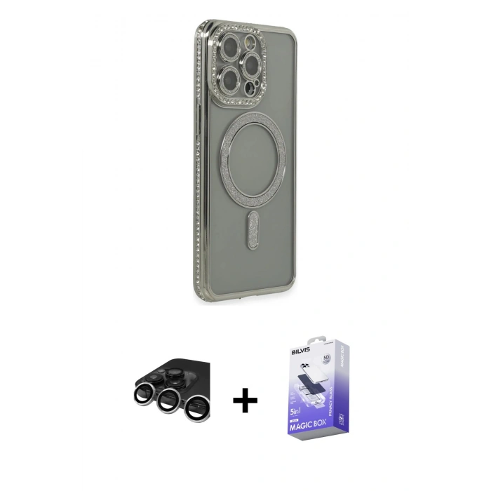 MARSİLYAN™- iPhone 15 Pro Kılıf Zirve Doku Prime - Siyah Bilvis 5in1 5D Magic Hayalet Cam Ekran Koruyucu + Raze Metal Kamera Lens - GS