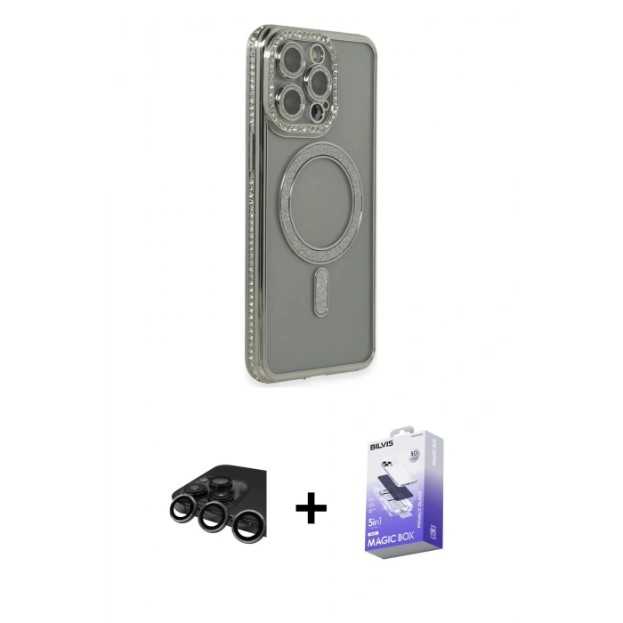 MARSİLYAN™- iPhone 15 Pro Kılıf Zirve Doku Prime - Siyah Bilvis 5in1 5D Magic Hayalet Cam Ekran Koruyucu + Raze Metal Kamera Lens - TMGI