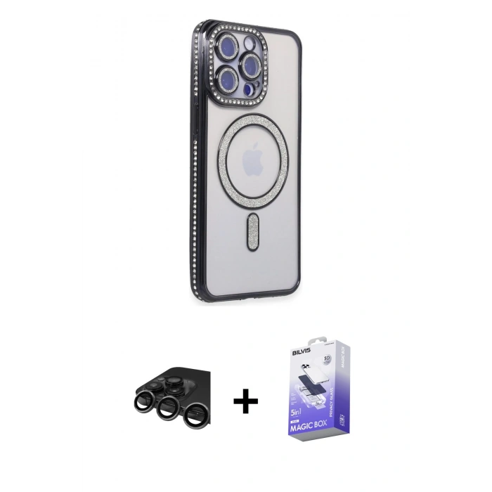 MARSİLYAN™- iPhone 15 Pro Kılıf Zirve Doku Prime - Siyah Bilvis 5in1 5D Magic Hayalet Cam Ekran Koruyucu + Raze Metal Kamera Lens - TMGI