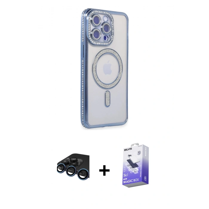 MARSİLYAN™- iPhone 15 Pro Kılıf Zirve Doku Prime - Siyah Bilvis 5in1 5D Magic Hayalet Cam Ekran Koruyucu + Raze Metal Kamera Lens - LT