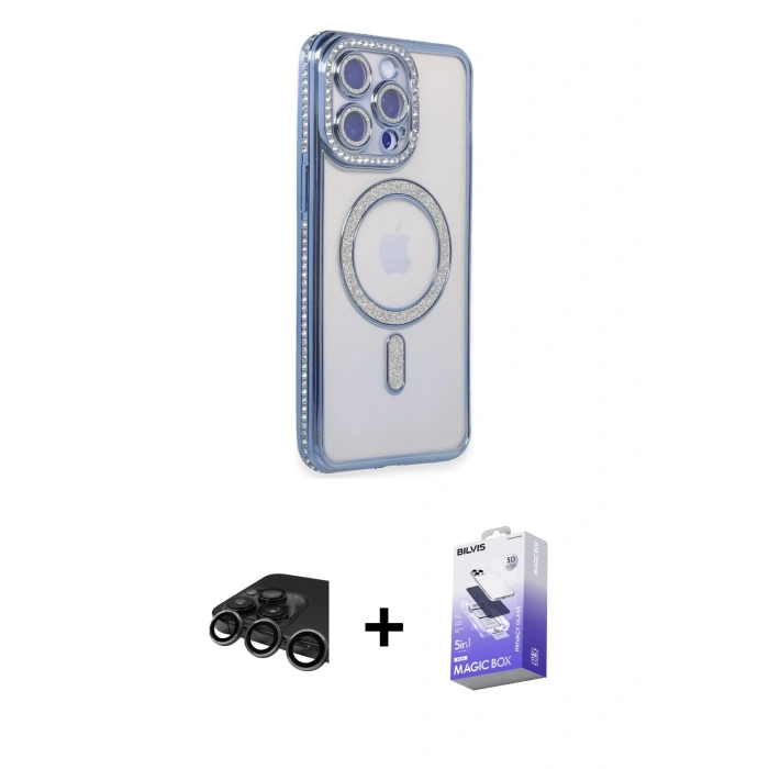 MARSİLYAN™- iPhone 15 Pro Kılıf Zirve Doku Prime - Siyah Bilvis 5in1 5D Magic Hayalet Cam Ekran Koruyucu + Raze Metal Kamera Lens - TMGI