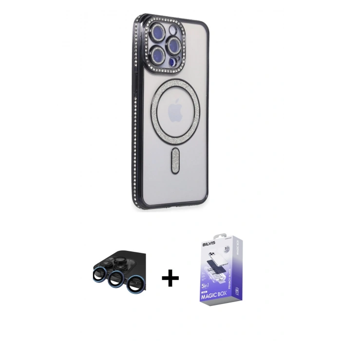 MARSİLYAN™- iPhone 15 Pro Kılıf Zirve Doku Prime - Siyah Bilvis 5in1 5D Magic Hayalet Cam Ekran Koruyucu + Raze Metal Kamera Lens - LT