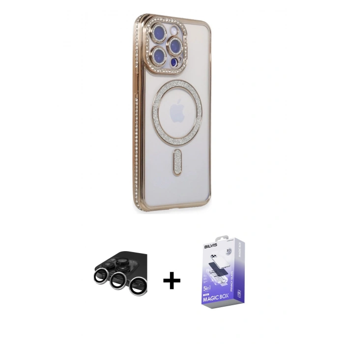MARSİLYAN™- iPhone 15 Pro Kılıf Zirve Doku Prime - Siyah Bilvis 5in1 5D Magic Hayalet Cam Ekran Koruyucu + Raze Metal Kamera Lens - GS