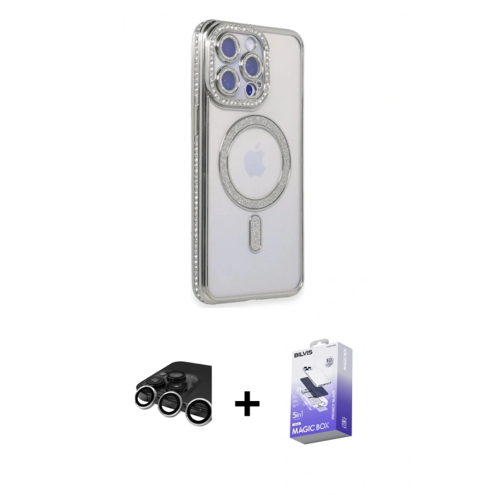 MARSİLYAN™- iPhone 15 Pro Kılıf Zirve Doku Prime - Siyah Bilvis 5in1 5D Magic Hayalet Cam Ekran Koruyucu + Raze Metal Kamera Lens - GS
