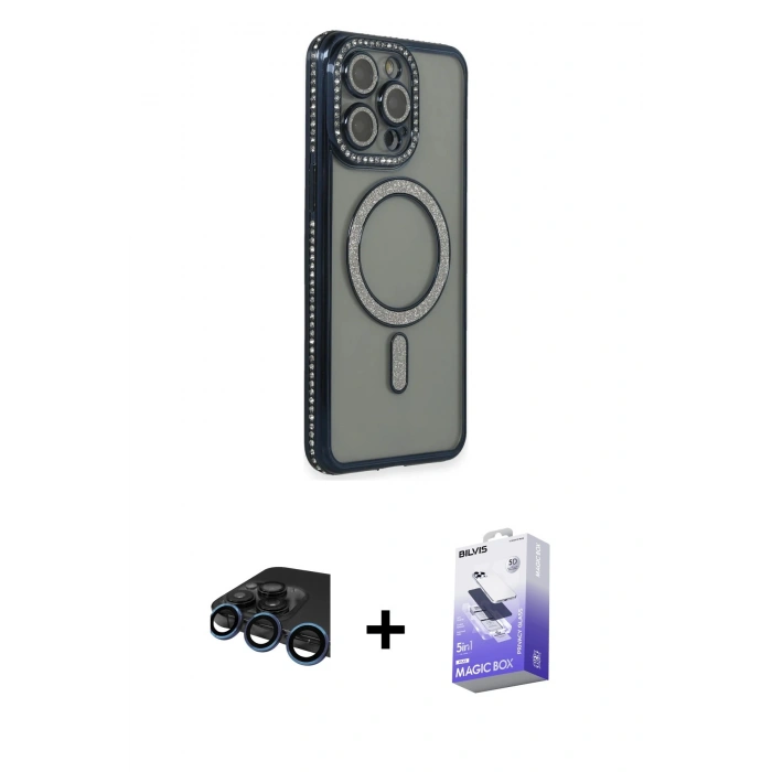 MARSİLYAN™- iPhone 15 Pro Kılıf Zirve Doku Prime - Siyah Bilvis 5in1 5D Magic Hayalet Cam Ekran Koruyucu + Raze Metal Kamera Lens - LT