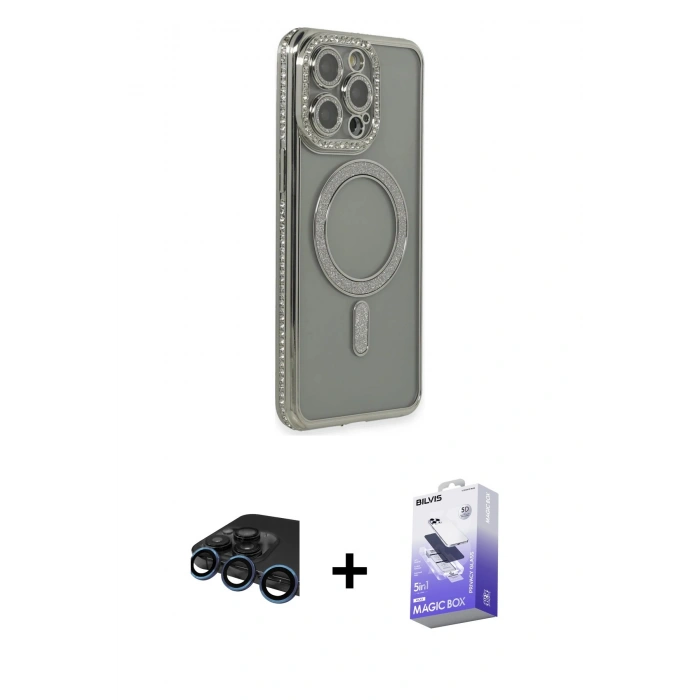 MARSİLYAN™- iPhone 15 Pro Kılıf Zirve Doku Prime - Siyah Bilvis 5in1 5D Magic Hayalet Cam Ekran Koruyucu + Raze Metal Kamera Lens - LT