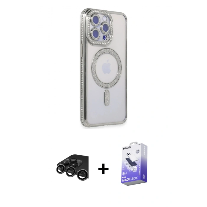MARSİLYAN™- iPhone 15 Pro Kılıf Zirve Doku Prime - Siyah Bilvis 5in1 5D Magic Hayalet Cam Ekran Koruyucu + Raze Metal Kamera Lens - TMGI