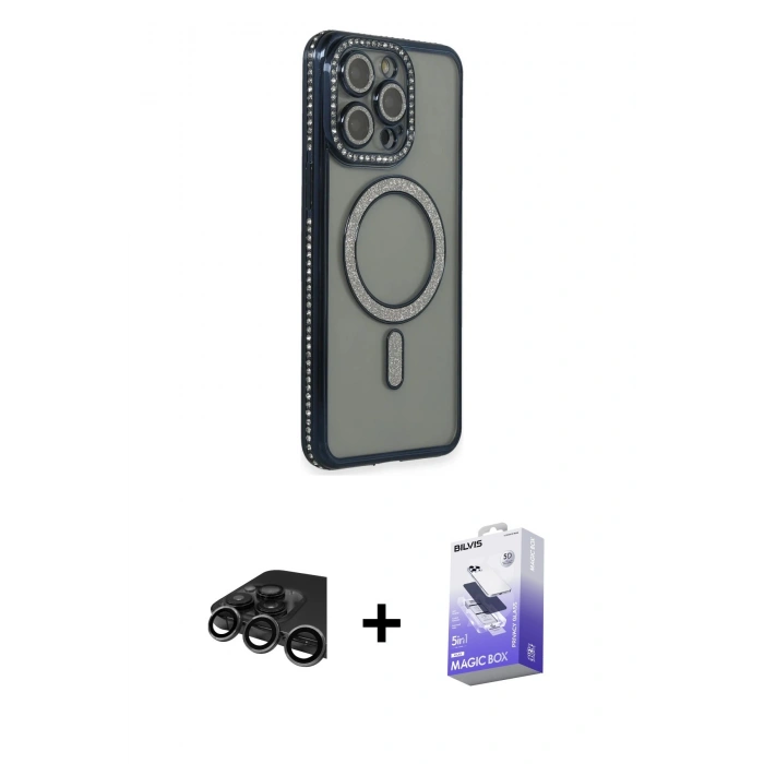 MARSİLYAN™- iPhone 15 Pro Kılıf Zirve Doku Prime - Siyah Bilvis 5in1 5D Magic Hayalet Cam Ekran Koruyucu + Raze Metal Kamera Lens - TMGI