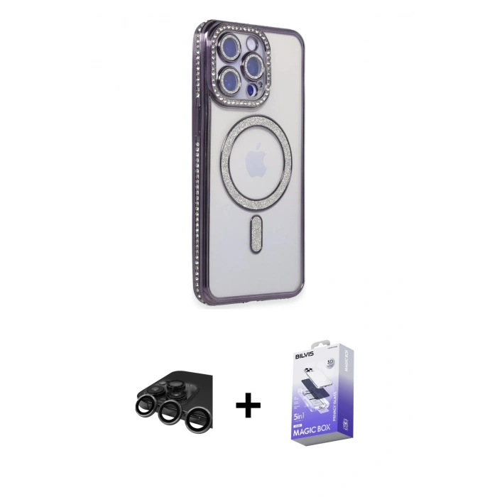 MARSİLYAN™- iPhone 15 Pro Kılıf Zirve Doku Prime - Siyah Bilvis 5in1 5D Magic Hayalet Cam Ekran Koruyucu + Raze Metal Kamera Lens - TMGI
