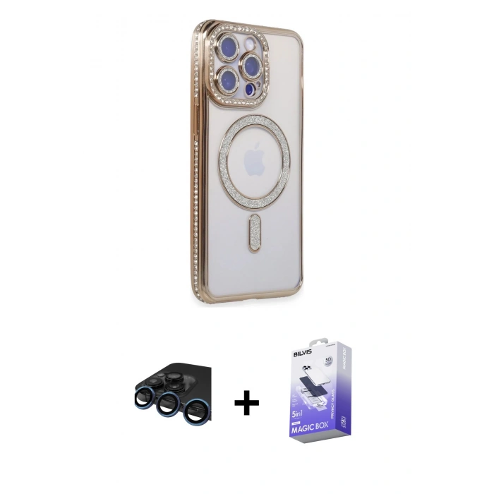 MARSİLYAN™- iPhone 15 Pro Kılıf Zirve Doku Prime - Siyah Bilvis 5in1 5D Magic Hayalet Cam Ekran Koruyucu + Raze Metal Kamera Lens - LT