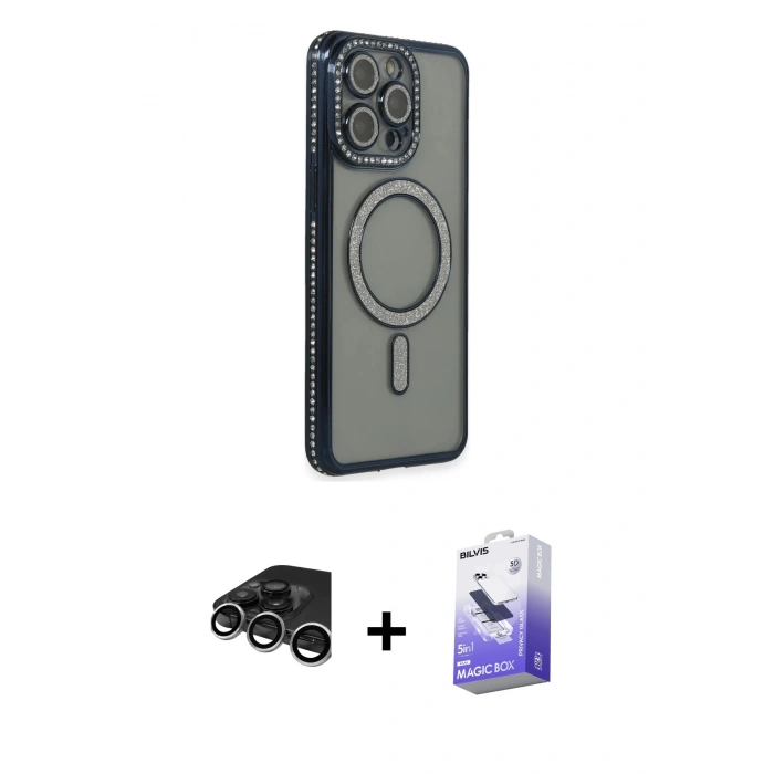 MARSİLYAN™- iPhone 15 Pro Kılıf Zirve Doku Prime - Siyah Bilvis 5in1 5D Magic Hayalet Cam Ekran Koruyucu + Raze Metal Kamera Lens - GS