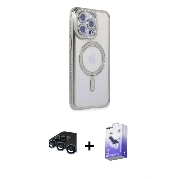 MARSİLYAN™- iPhone 15 Pro Kılıf Zirve Doku Prime - Siyah Bilvis 5in1 5D Magic Hayalet Cam Ekran Koruyucu + Raze Metal Kamera Lens - LT