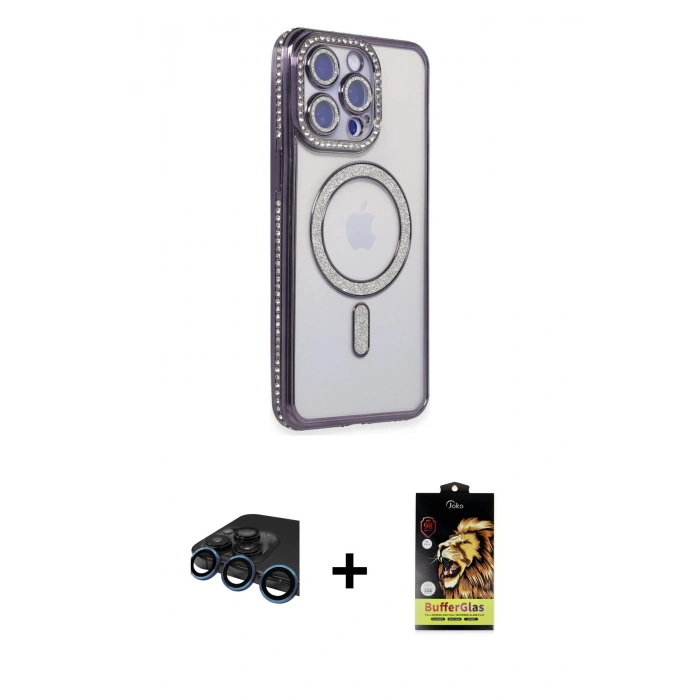 MARSİLYAN™- iPhone 15 Pro Kılıf Zirve Doku Prime - Siyah Buffer Cam Ekran Koruyucu + Raze Metal Kamera Lens - LT