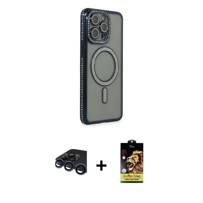 MARSİLYAN™- iPhone 15 Pro Kılıf Zirve Doku Prime - Siyah Buffer Cam Ekran Koruyucu + Raze Metal Kamera Lens - LT