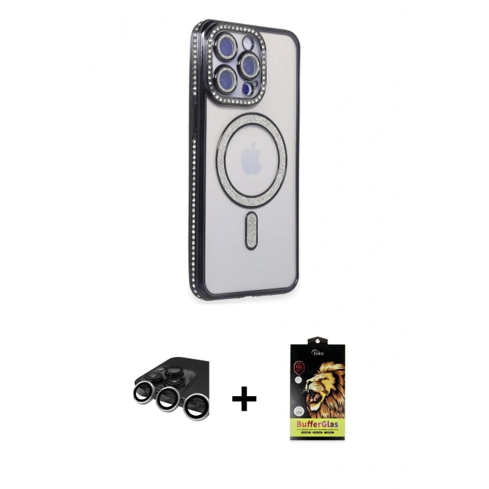 MARSİLYAN™- iPhone 15 Pro Kılıf Zirve Doku Prime - Siyah Buffer Cam Ekran Koruyucu + Raze Metal Kamera Lens - GS