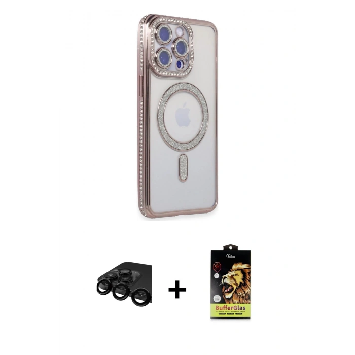 MARSİLYAN™- iPhone 15 Pro Kılıf Zirve Doku Prime - Siyah Buffer Cam Ekran Koruyucu + Raze Metal Kamera Lens - SH