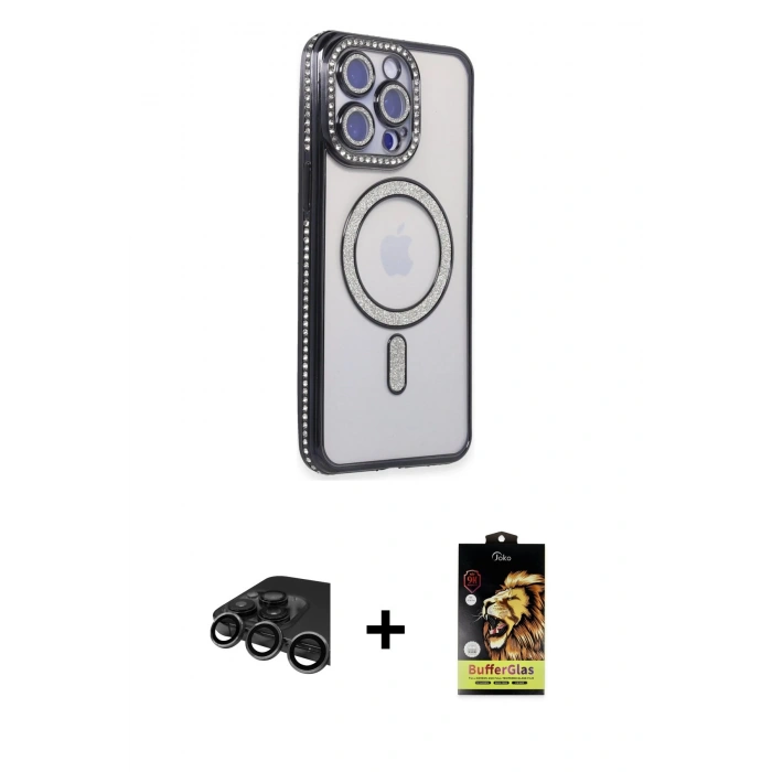 MARSİLYAN™- iPhone 15 Pro Kılıf Zirve Doku Prime - Siyah Buffer Cam Ekran Koruyucu + Raze Metal Kamera Lens - TMGI