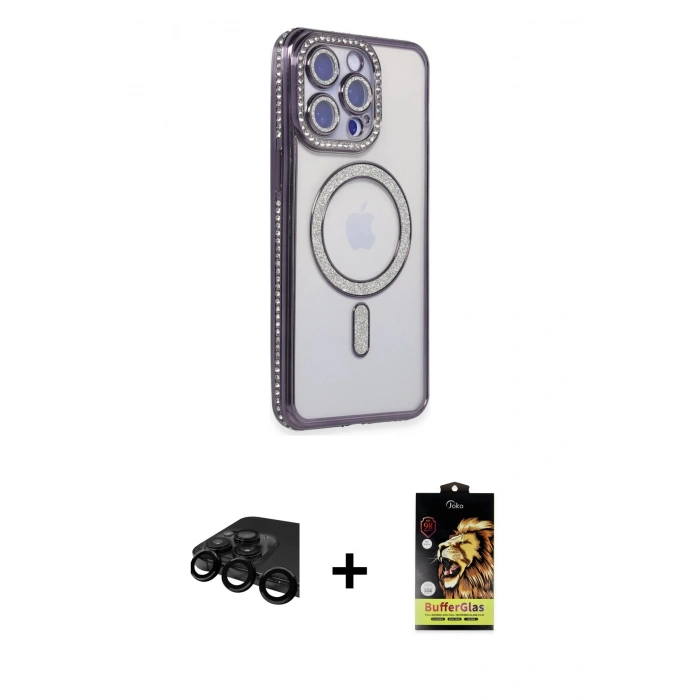 MARSİLYAN™- iPhone 15 Pro Kılıf Zirve Doku Prime - Siyah Buffer Cam Ekran Koruyucu + Raze Metal Kamera Lens - SH