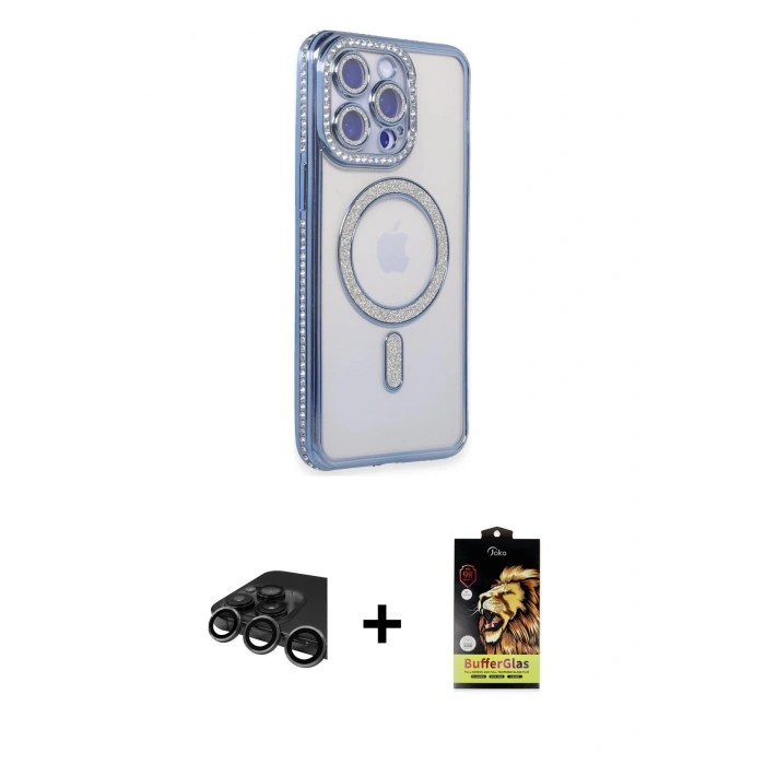 MARSİLYAN™- iPhone 15 Pro Kılıf Zirve Doku Prime - Siyah Buffer Cam Ekran Koruyucu + Raze Metal Kamera Lens - TMGI