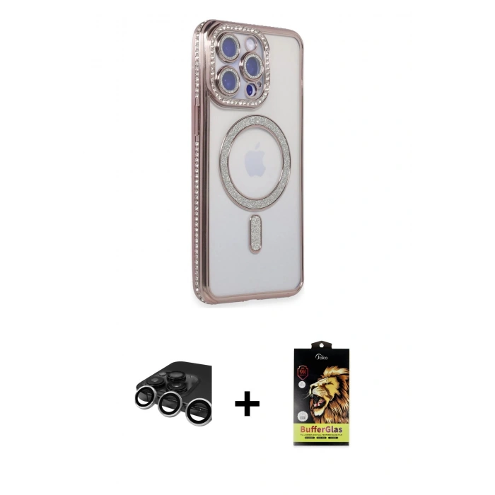 MARSİLYAN™- iPhone 15 Pro Kılıf Zirve Doku Prime - Siyah Buffer Cam Ekran Koruyucu + Raze Metal Kamera Lens - GS