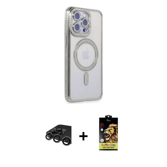 MARSİLYAN™- iPhone 15 Pro Kılıf Zirve Doku Prime - Siyah Buffer Cam Ekran Koruyucu + Raze Metal Kamera Lens - TMGI