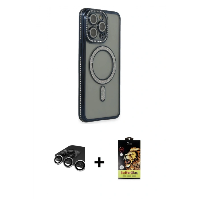 MARSİLYAN™- iPhone 15 Pro Kılıf Zirve Doku Prime - Siyah Buffer Cam Ekran Koruyucu + Raze Metal Kamera Lens - GS