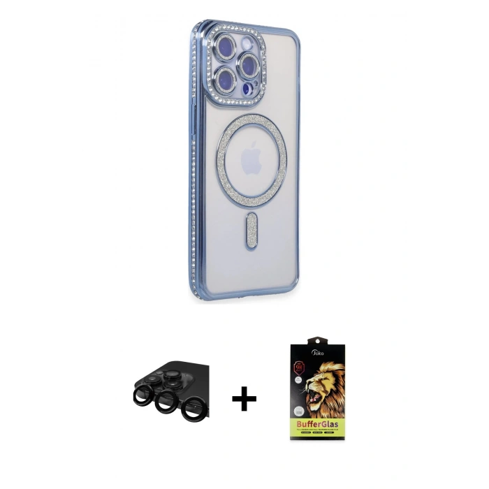 MARSİLYAN™- iPhone 15 Pro Kılıf Zirve Doku Prime - Siyah Buffer Cam Ekran Koruyucu + Raze Metal Kamera Lens - SH