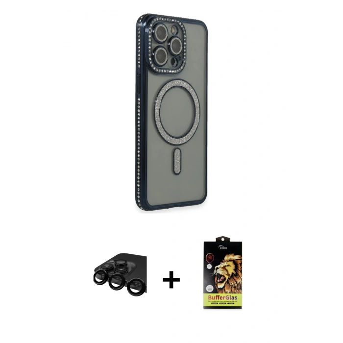 MARSİLYAN™- iPhone 15 Pro Kılıf Zirve Doku Prime - Siyah Buffer Cam Ekran Koruyucu + Raze Metal Kamera Lens - SH