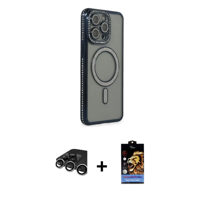 MARSİLYAN™- iPhone 15 Pro Kılıf Zirve Doku Prime - Siyah Buffer Hayalet Cam Ekran Koruyucu + Raze Metal Kamera Lens - GS