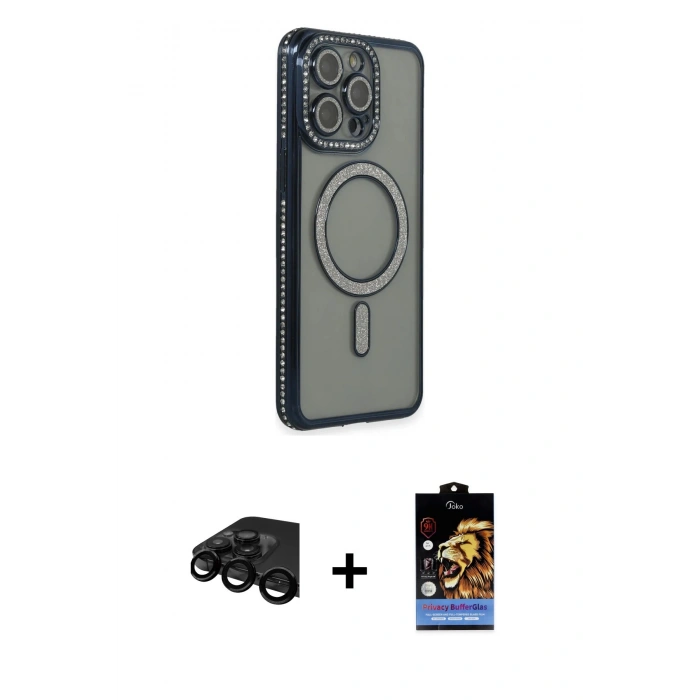 MARSİLYAN™- iPhone 15 Pro Kılıf Zirve Doku Prime - Siyah Buffer Hayalet Cam Ekran Koruyucu + Raze Metal Kamera Lens - SH