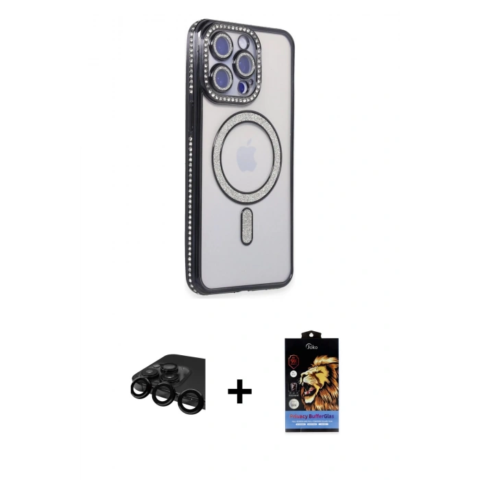 MARSİLYAN™- iPhone 15 Pro Kılıf Zirve Doku Prime - Siyah Buffer Hayalet Cam Ekran Koruyucu + Raze Metal Kamera Lens - SH
