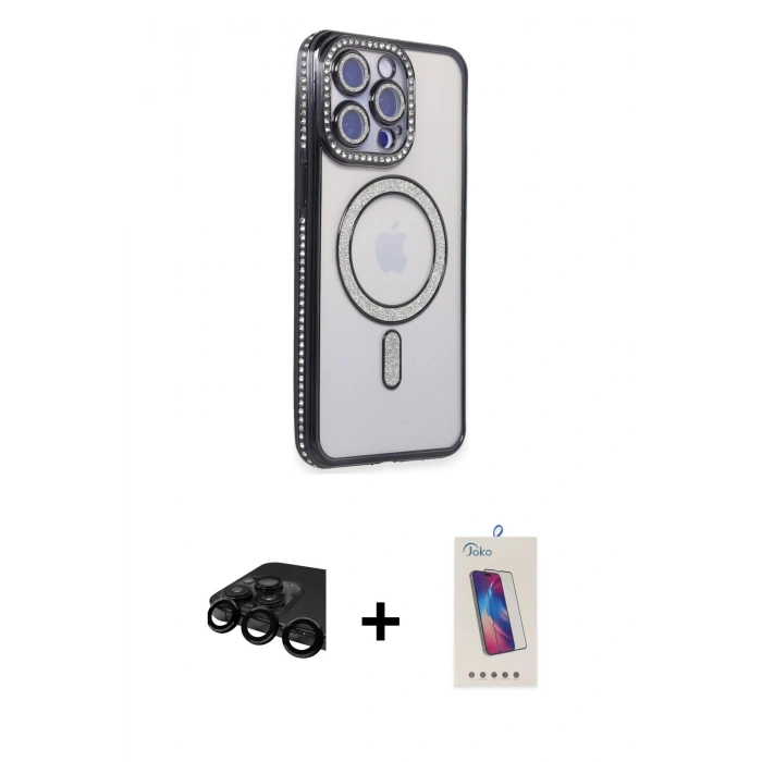 MARSİLYAN™- iPhone 15 Pro Kılıf Zirve Doku Prime - Siyah Joko 5D Cam + Raze Metal Kamera Lens - SH