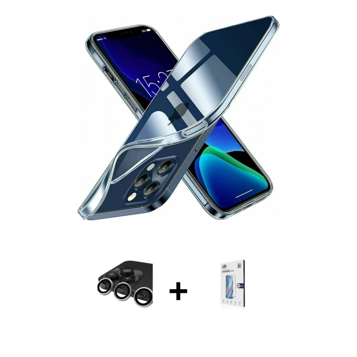 MARSİLYAN™- iPhone 15 Pro Kılıf Zirve Doku - Siyah Bilvis 0.18mm Plus Cam Ekran Koruyucu + Raze Metal Kamera Lens - GS