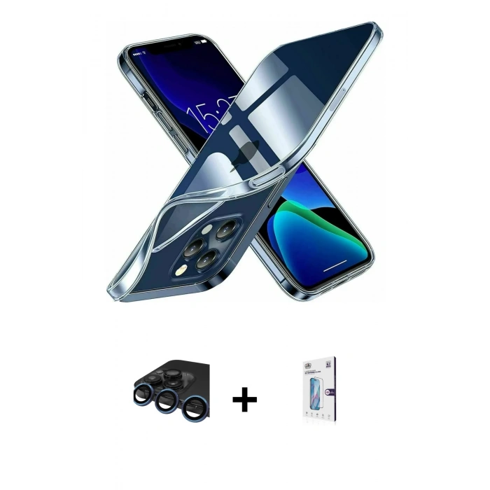 MARSİLYAN™- iPhone 15 Pro Kılıf Zirve Doku - Siyah Bilvis 0.18mm Plus Cam Ekran Koruyucu + Raze Metal Kamera Lens - LT