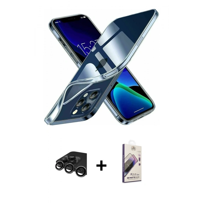 MARSİLYAN™- iPhone 15 Pro Kılıf Zirve Doku - Siyah Bilvis 3D Mat Cam Ekran Koruyucu + Raze Metal Kamera Lens - TMGI