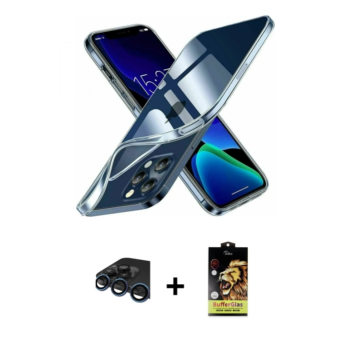 MARSİLYAN™- iPhone 15 Pro Kılıf Zirve Doku - Siyah Buffer Cam Ekran Koruyucu + Raze Metal Kamera Lens - LT