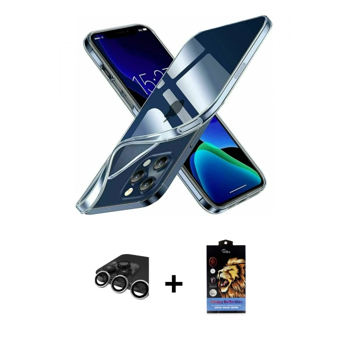 MARSİLYAN™- iPhone 15 Pro Kılıf Zirve Doku - Siyah Buffer Hayalet Cam Ekran Koruyucu + Raze Metal Kamera Lens - GS