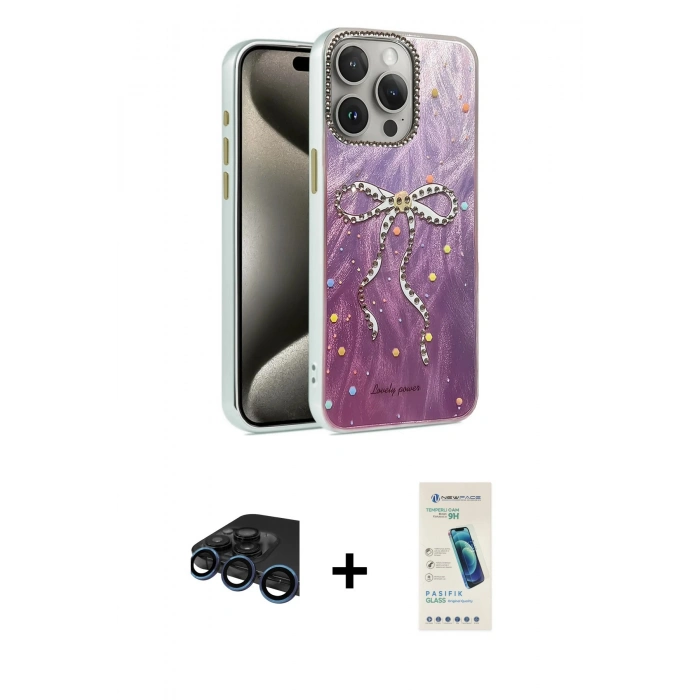 MARSİLYAN™- iPhone 15 Pro Kılıf Zirve Modern Prime - Şeffaf Pasifik Cam Ekran Koruyucu + Raze Metal Kamera Lens - LT
