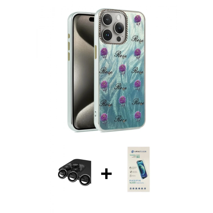 MARSİLYAN™- iPhone 15 Pro Kılıf Zirve Modern Prime - Şeffaf Pasifik Cam Ekran Koruyucu + Raze Metal Kamera Lens - TMGI