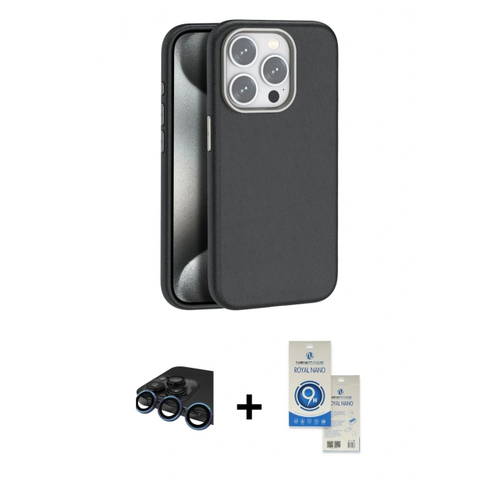MARSİLYAN™- iPhone 15 Pro Kılıf Zirve Modern Prime - Şeffaf Royal Nano Ekran Koruyucu + Raze Metal Kamera Lens - LT