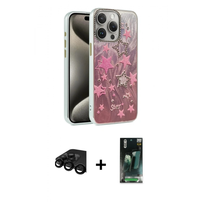MARSİLYAN™- iPhone 15 Pro Kılıf Zirve Modern Prime - Siyah 360 Mat Full Body Arka Koruyucu + Raze Metal Kamera Lens - SH