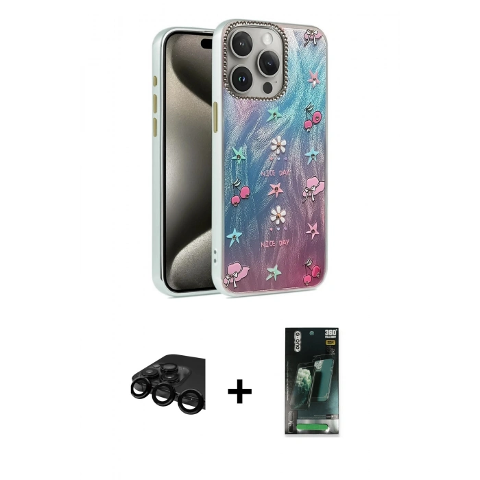 MARSİLYAN™- iPhone 15 Pro Kılıf Zirve Modern Prime - Siyah 360 Mat Full Body Arka Koruyucu + Raze Metal Kamera Lens - SH