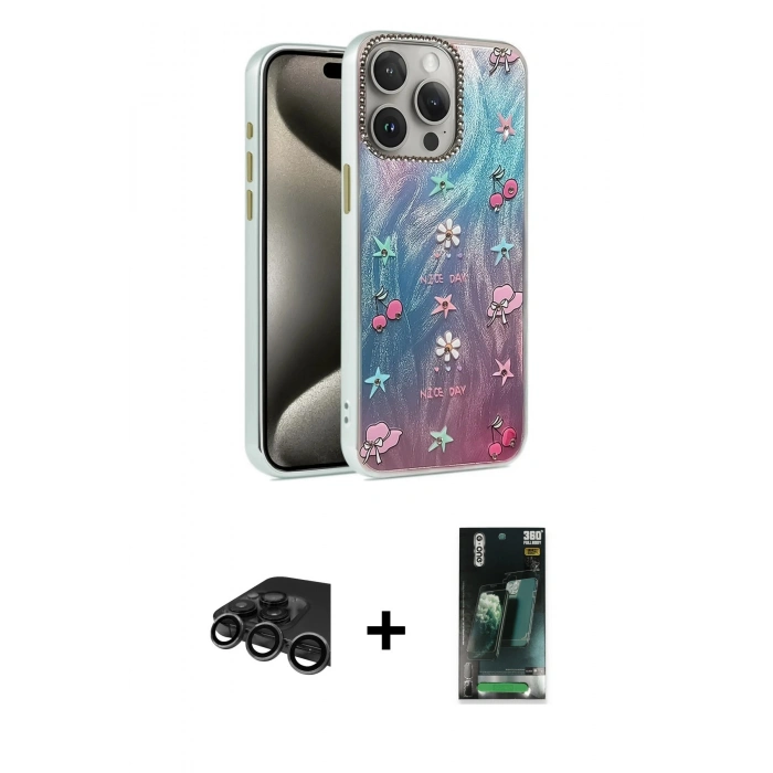 MARSİLYAN™- iPhone 15 Pro Kılıf Zirve Modern Prime - Siyah 360 Mat Full Body Arka Koruyucu + Raze Metal Kamera Lens - TMGI