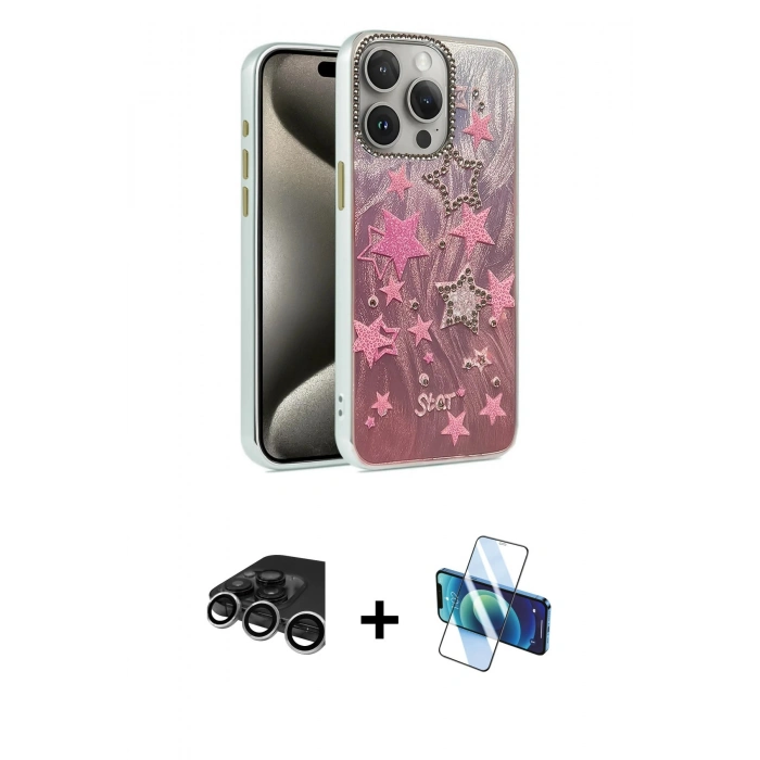 MARSİLYAN™- iPhone 15 Pro Kılıf Zirve Modern Prime - Siyah 3D Antistatik Cam Ekran Koruyucu + Raze Metal Kamera Lens - GS