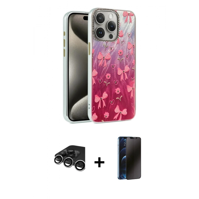 MARSİLYAN™- iPhone 15 Pro Kılıf Zirve Modern Prime - Siyah 3D Antistatik Hayalet Cam Ekran Koruyucu + Raze Metal Kamera Lens - GS