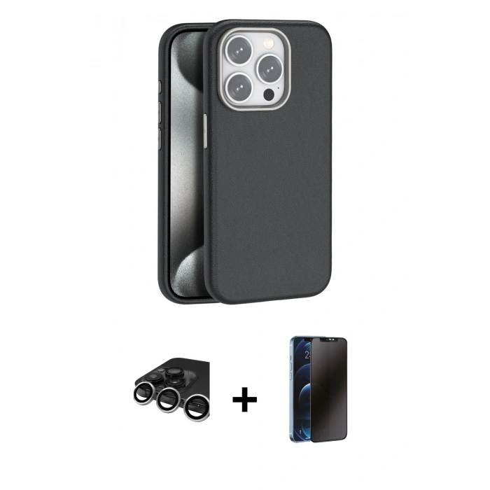 MARSİLYAN™- iPhone 15 Pro Kılıf Zirve Modern Prime - Siyah 3D Antistatik Hayalet Cam Ekran Koruyucu + Raze Metal Kamera Lens - GS