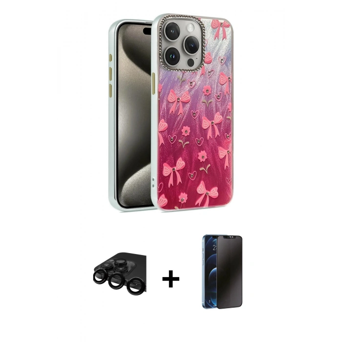 MARSİLYAN™- iPhone 15 Pro Kılıf Zirve Modern Prime - Siyah 3D Antistatik Hayalet Cam Ekran Koruyucu + Raze Metal Kamera Lens - SH