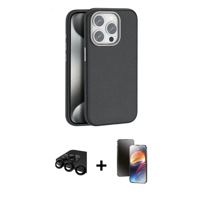 MARSİLYAN™- iPhone 15 Pro Kılıf Zirve Modern Prime - Siyah 3D Antistatik Mat Seramik Nano Ekran Koruyucu + Raze Metal Kamera Lens - SH