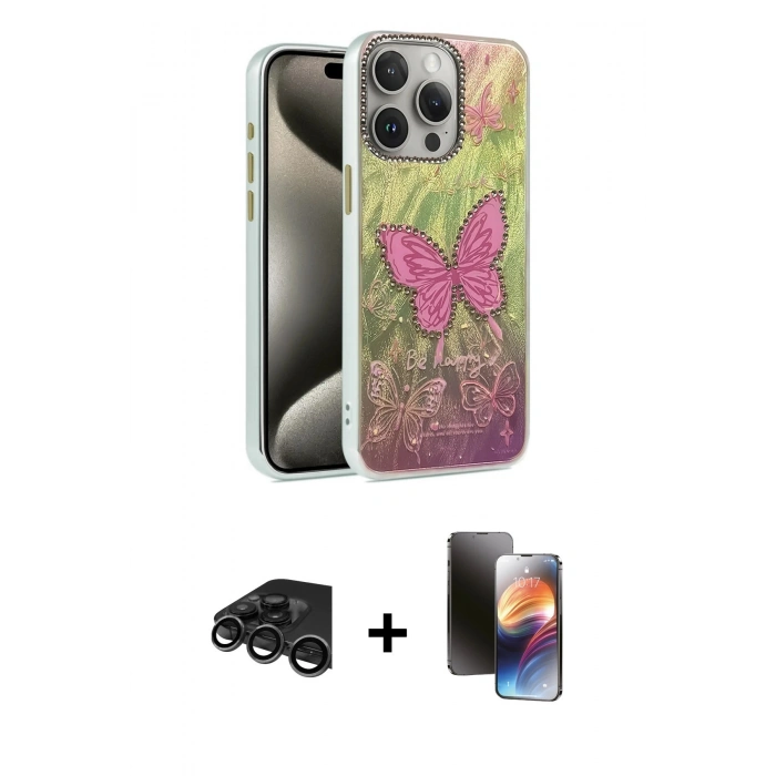 MARSİLYAN™- iPhone 15 Pro Kılıf Zirve Modern Prime - Siyah 3D Antistatik Mat Seramik Nano Ekran Koruyucu + Raze Metal Kamera Lens - TMGI