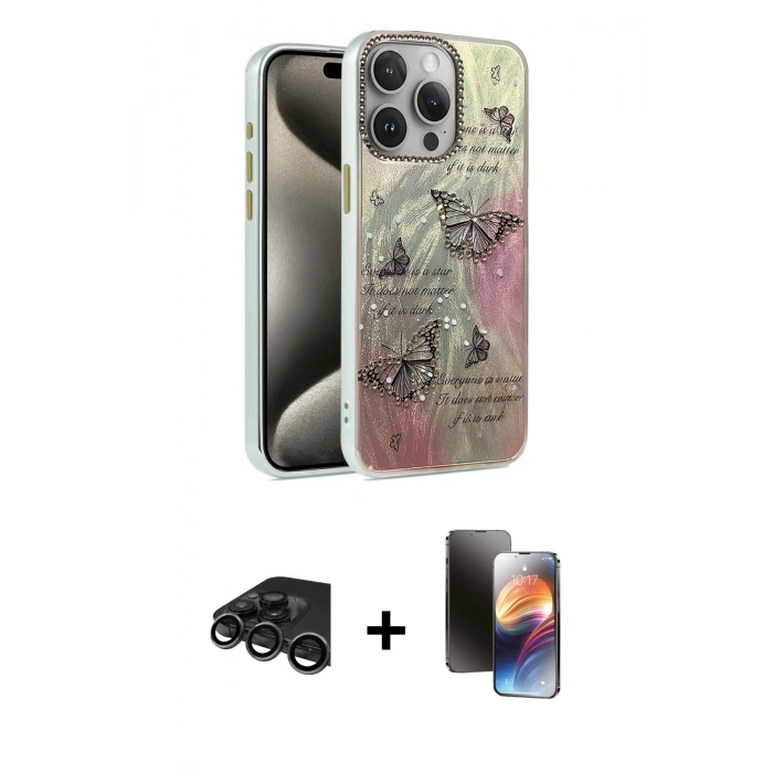 MARSİLYAN™- iPhone 15 Pro Kılıf Zirve Modern Prime - Siyah 3D Antistatik Mat Seramik Nano Ekran Koruyucu + Raze Metal Kamera Lens - TMGI
